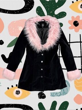 The Grave Girls | Morbid Beauty Velveteen Black and Pink Faux Fur Trim Coat